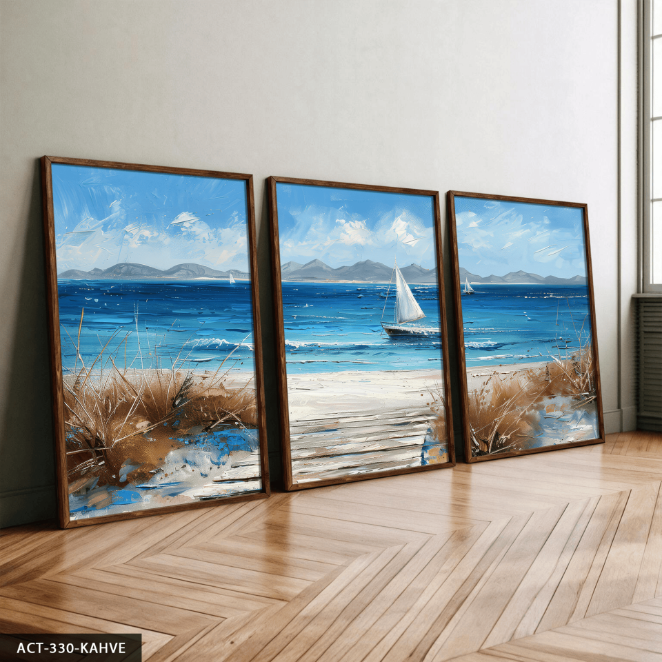 Denizdeki Tekne 3 Parça Ahşap Çerçeveli Tablo ACT Kahverengi - 40 x 60 CM