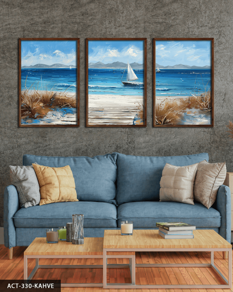 Denizdeki Tekne 3 Parça Ahşap Çerçeveli Tablo ACT Kahverengi - 40 x 60 CM