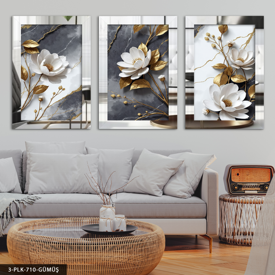 Dokulu Görünüm Beyaz Çiçek 3 Parça Pleksi Aynalı Tablo 30 x 40 CM - Gümüş
