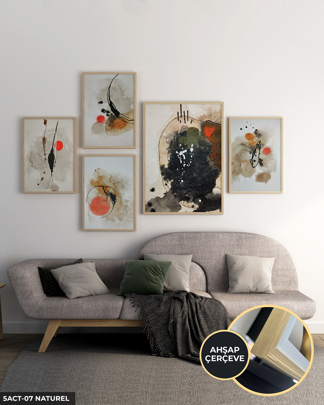 Fırça İzleri ile Modern Sanat 5 Parça Ahşap Çerçeveli Tablo