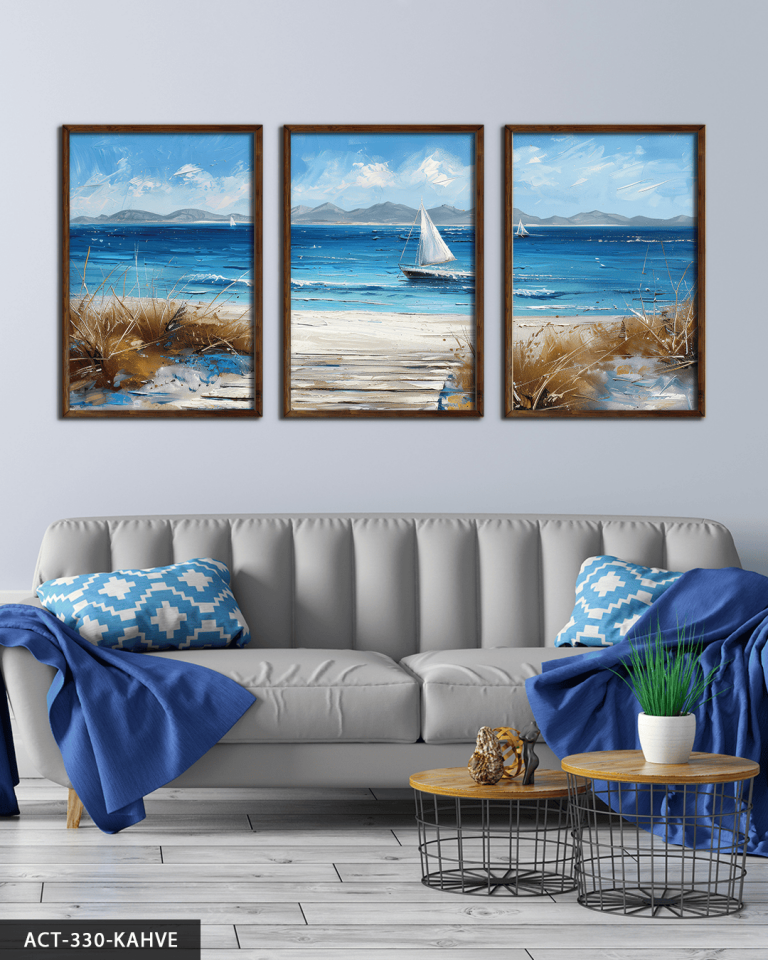 Denizdeki Tekne 3 Parça Ahşap Çerçeveli Tablo ACT Kahverengi - 50 x 70 CM