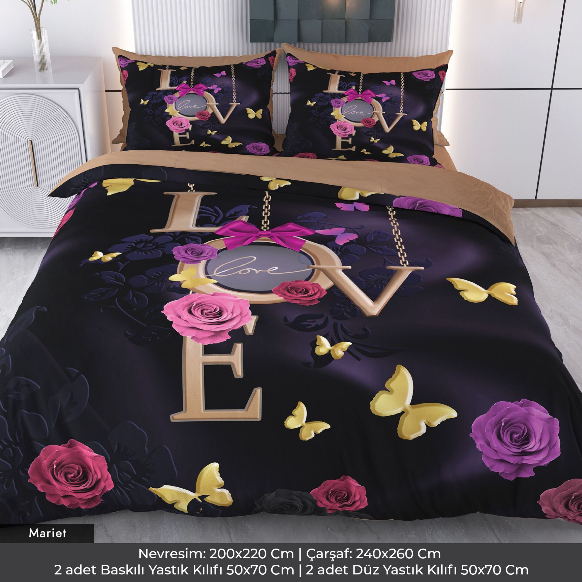 Güller ve Kelebekler Dijital Baskılı 3D 3 Boyutlu Çift Kişilik Nevresim Takımı Çift Kişilik