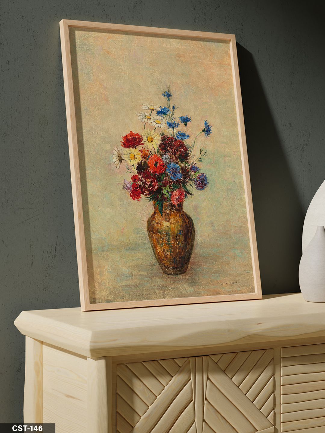Renkli Çiçekli Vazo Tek Parça Ahşap Çerçeveli Tablo Naturel - 20 x 30 CM