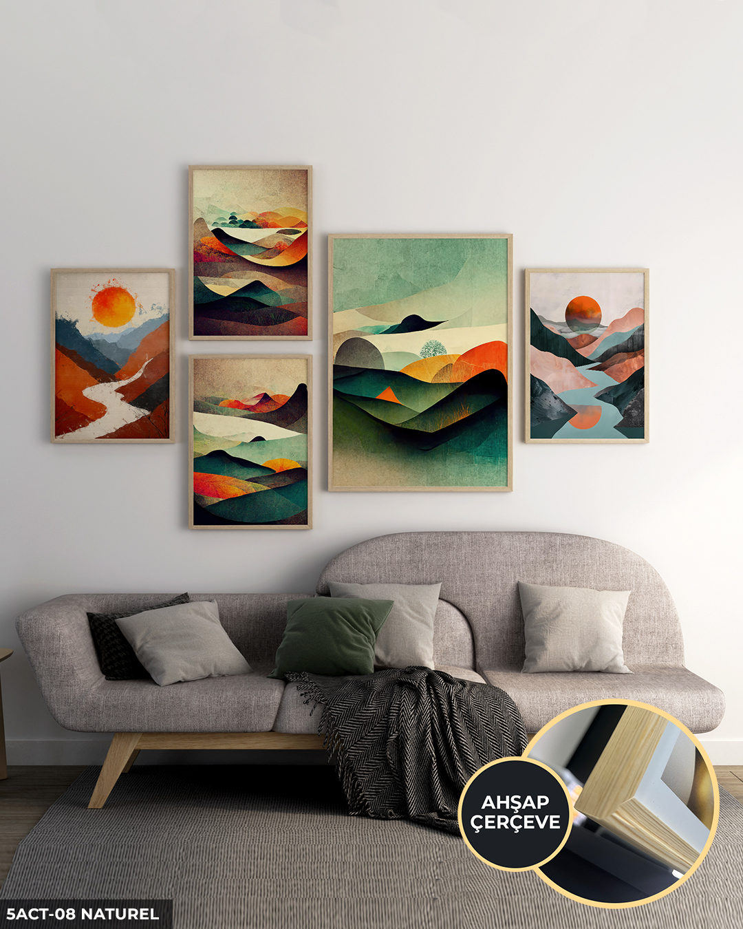 Eskitme Görünümlü Manzara 5 Parça Ahşap Çerçeveli Tablo