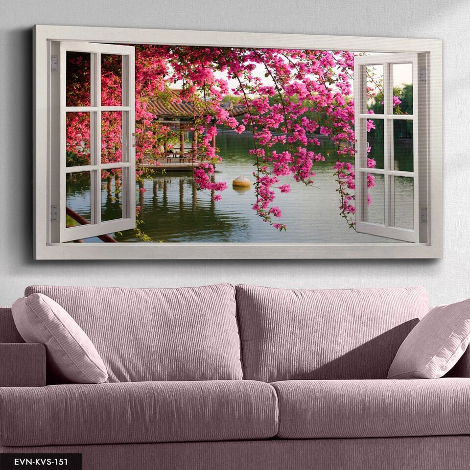 Sahile Açılan Pencere Tek Parça Kanvas Canvas Tablo Tablo 140 x 90 CM - Çok Renkli