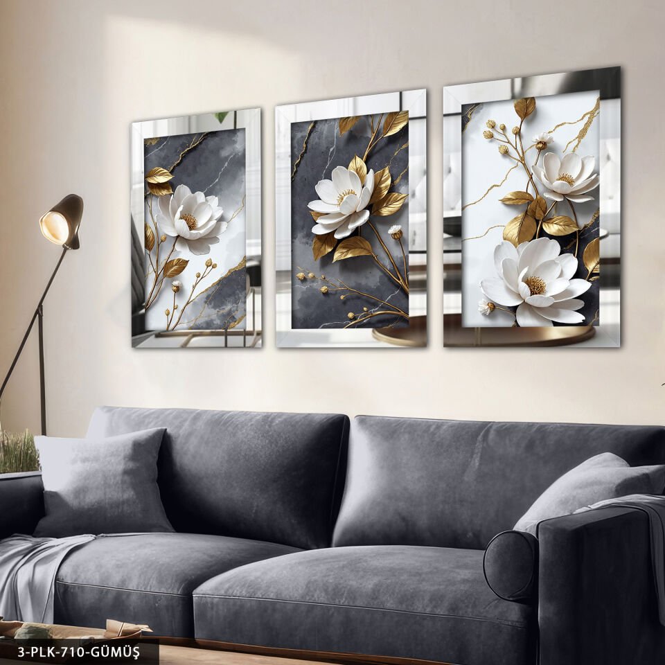 Dokulu Görünüm Beyaz Çiçek 3 Parça Pleksi Aynalı Tablo 50 x 70 CM - Gümüş