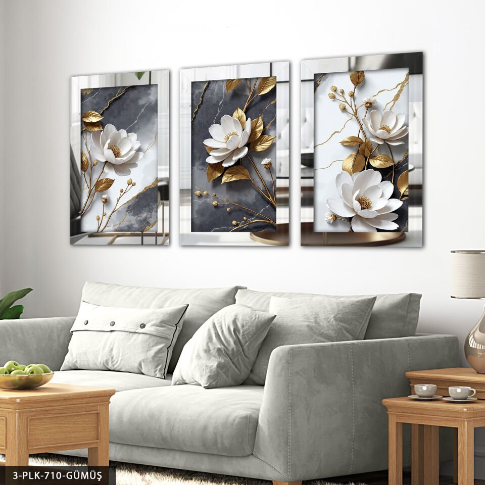 Dokulu Görünüm Beyaz Çiçek 3 Parça Pleksi Aynalı Tablo 50 x 70 CM - Gümüş