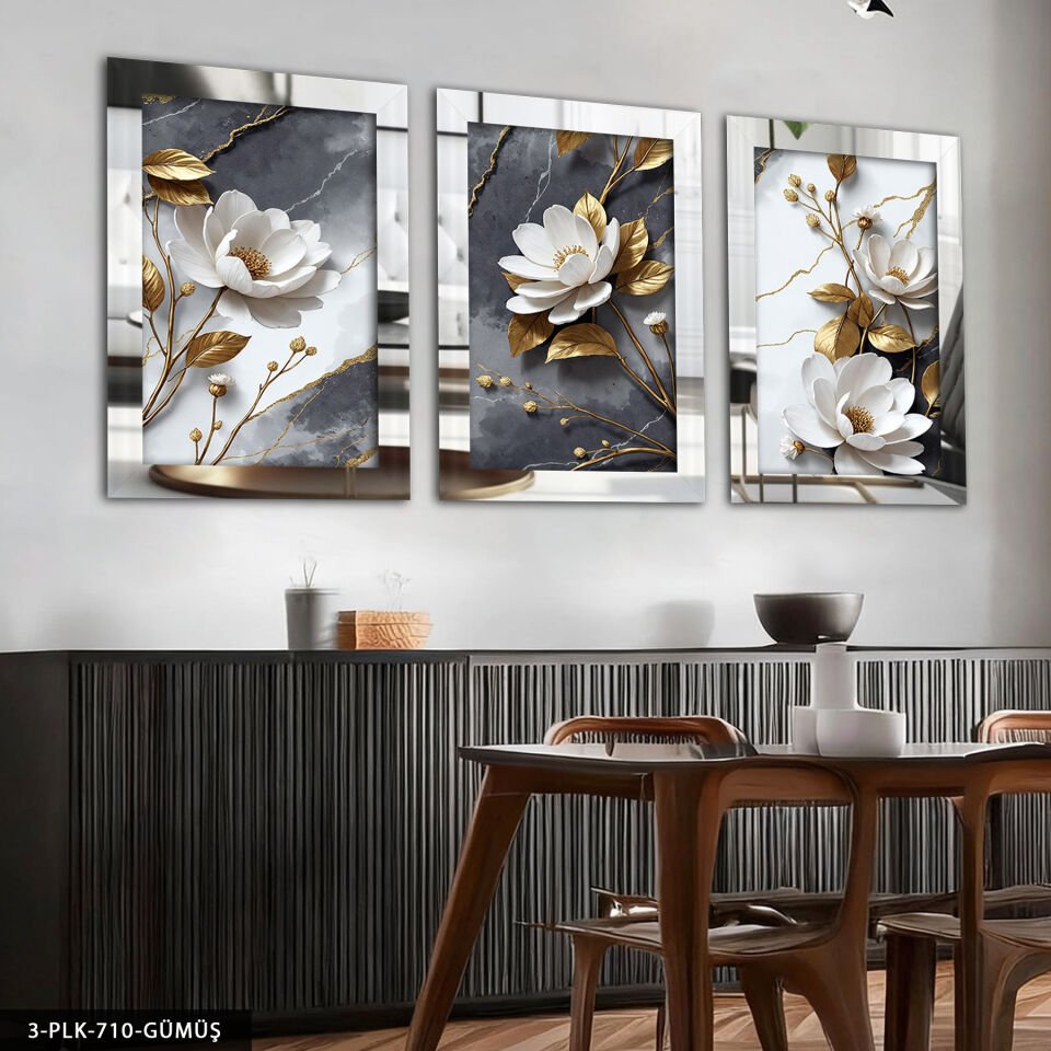 Dokulu Görünüm Beyaz Çiçek 3 Parça Pleksi Aynalı Tablo 50 x 70 CM - Gümüş