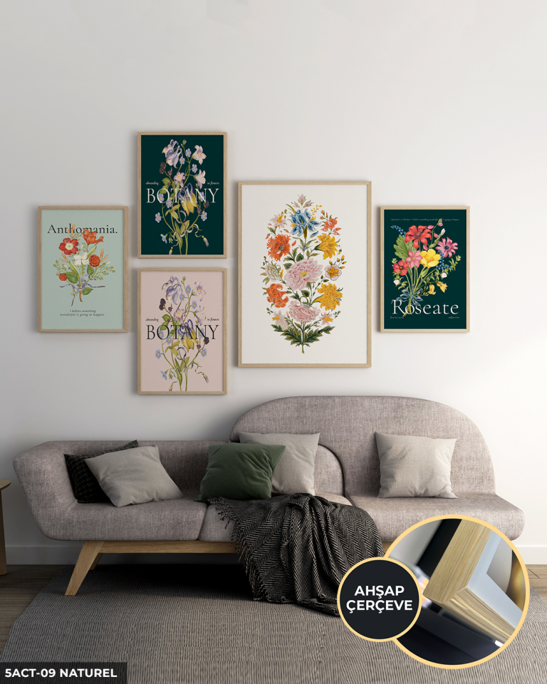 Çiçek Posterleri 5 Parça Ahşap Çerçeveli Tablo