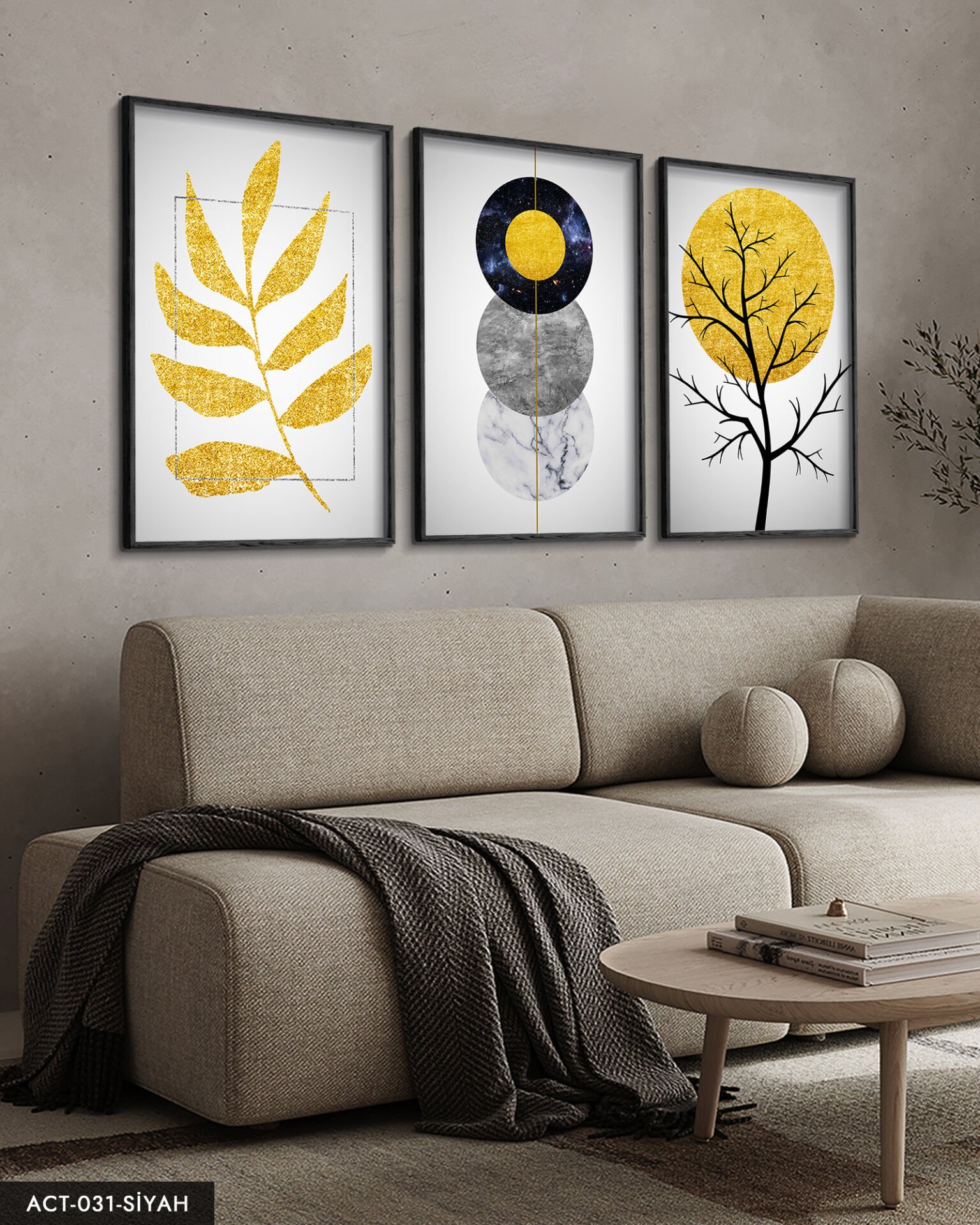 Gold Soyut Desenler 3 Parça Ahşap Çerçeveli Tablo ACT