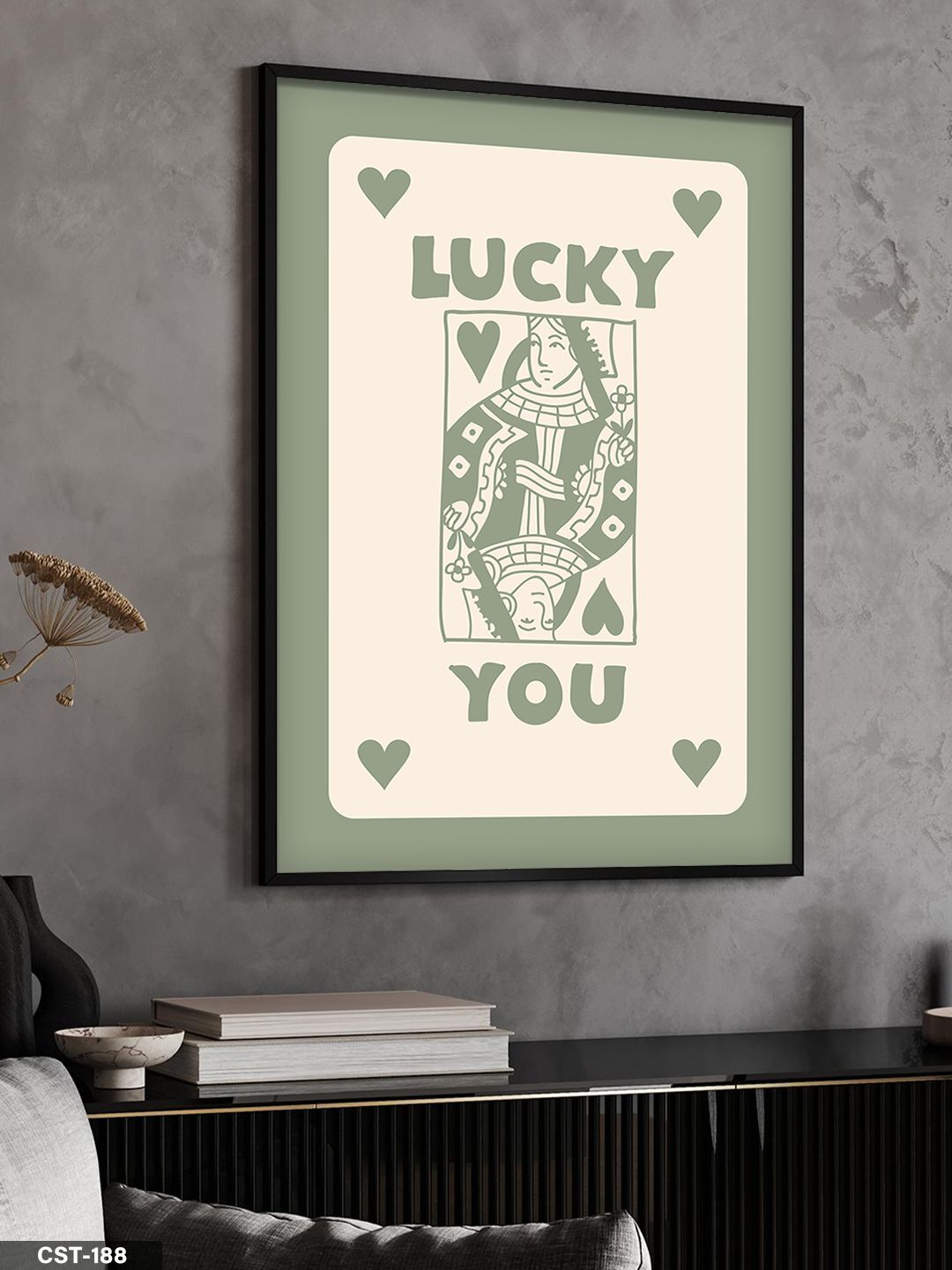 Yeşil ''LUCKY YOU'' kartı, Tek Parça Ahşap Çerçeveli Tablo Siyah - 30 x 40 CM