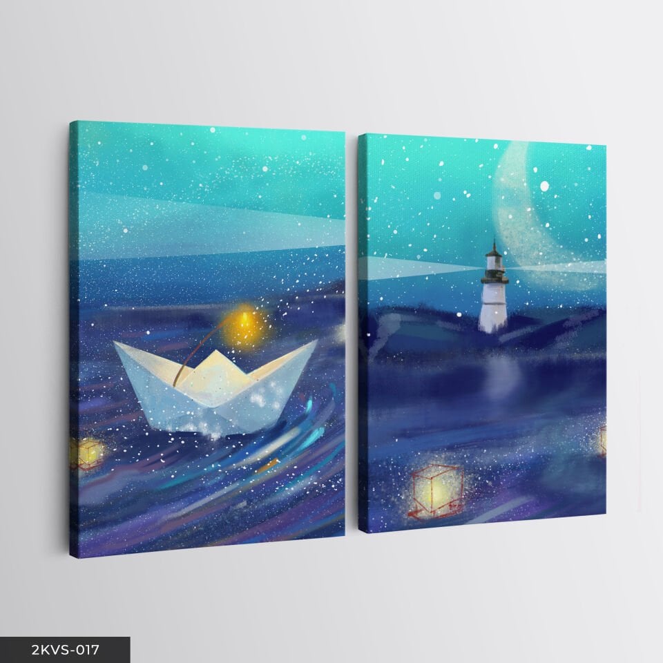 Deniz Feneri Gemi 2 Parça Kanvas - Canvas Tablo