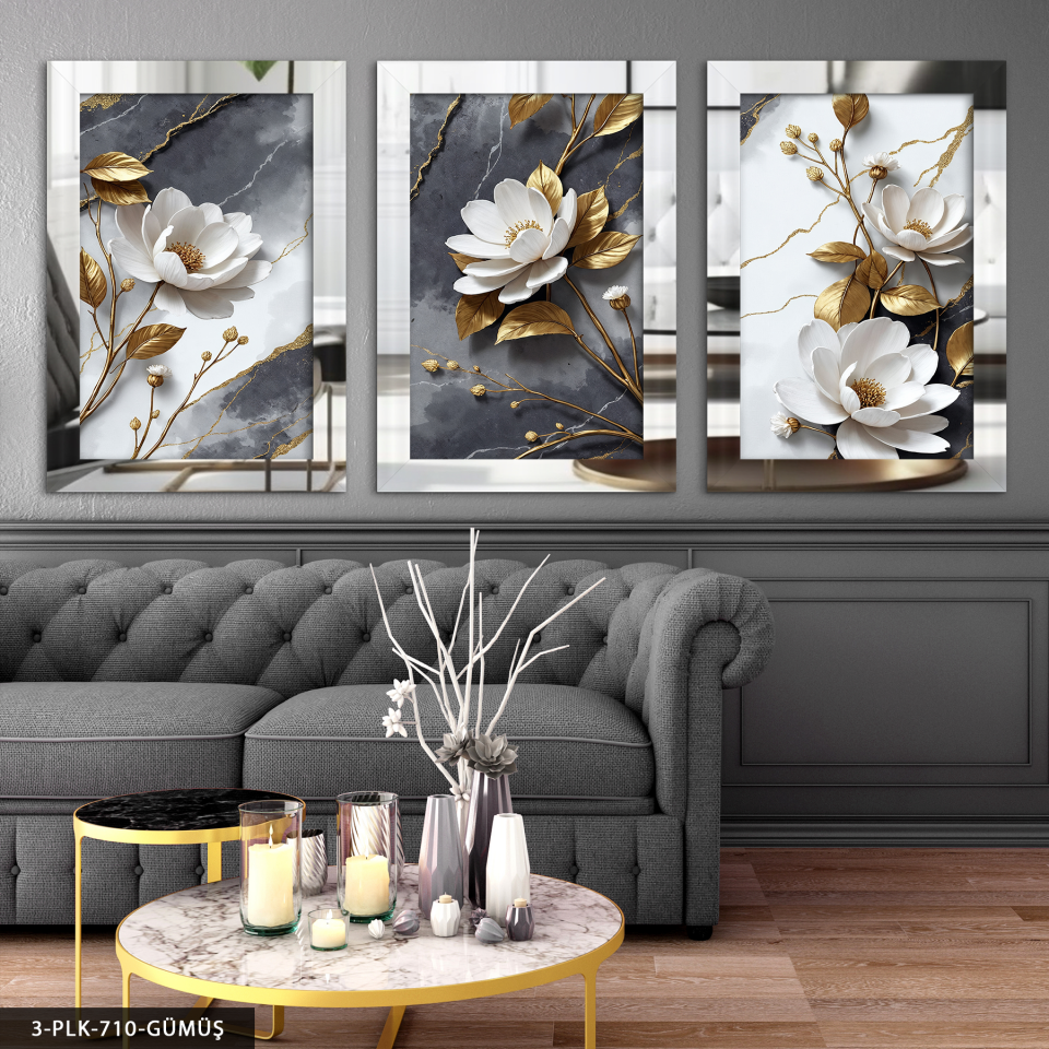 Dokulu Görünüm Beyaz Çiçek 3 Parça Pleksi Aynalı Tablo 60 x 80 CM - Gümüş