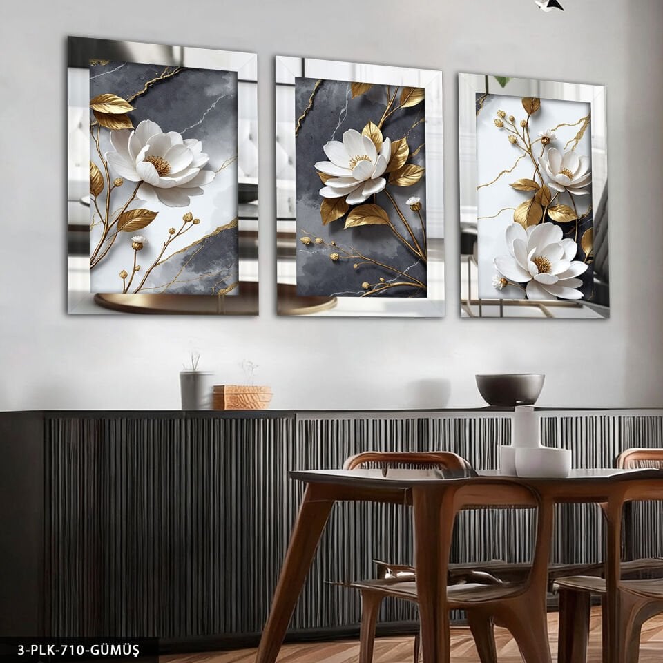 Dokulu Görünüm Beyaz Çiçek 3 Parça Pleksi Aynalı Tablo 60 x 80 CM - Gümüş