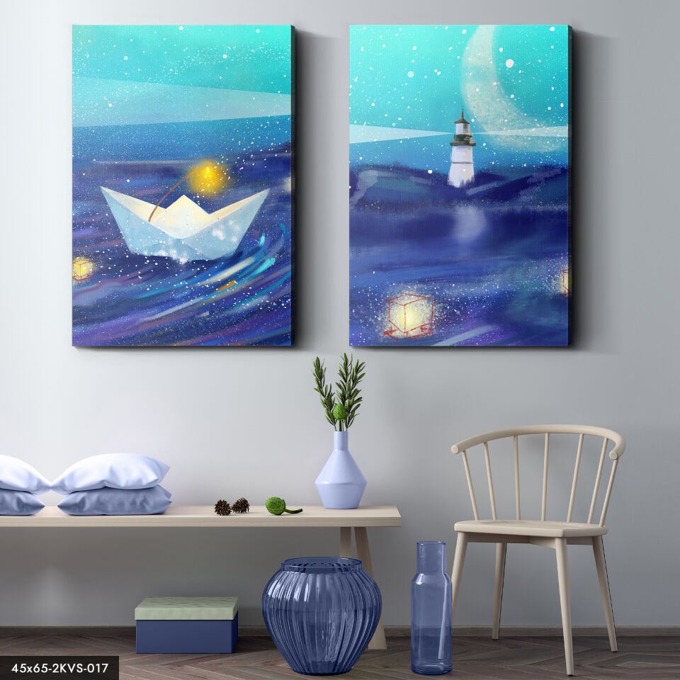 Deniz Feneri Gemi 2 Parça Kanvas - Canvas Tablo