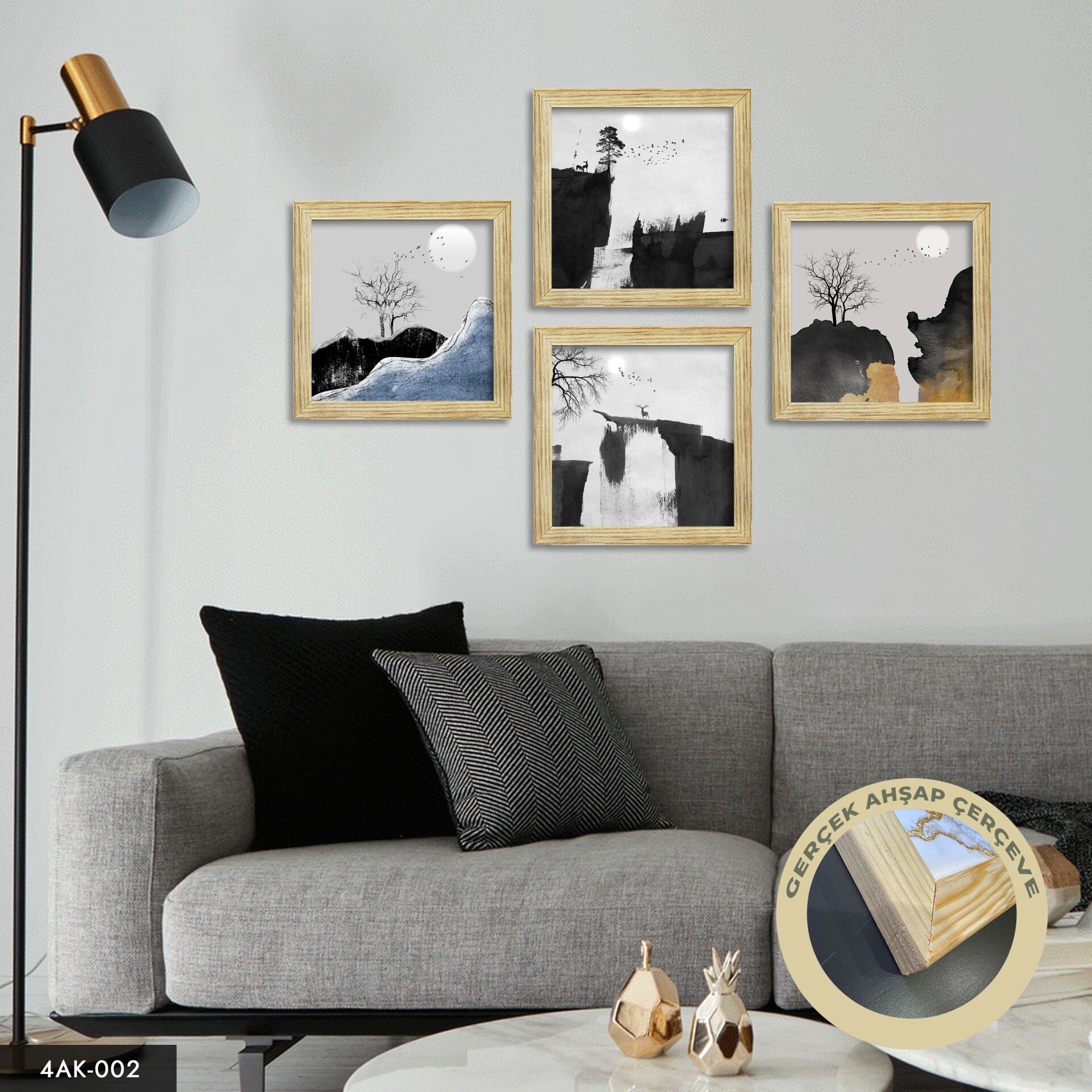 Doğa Ağaç Temalı 4 Parçalı Kare Ahşap Çerçeveli Tablo