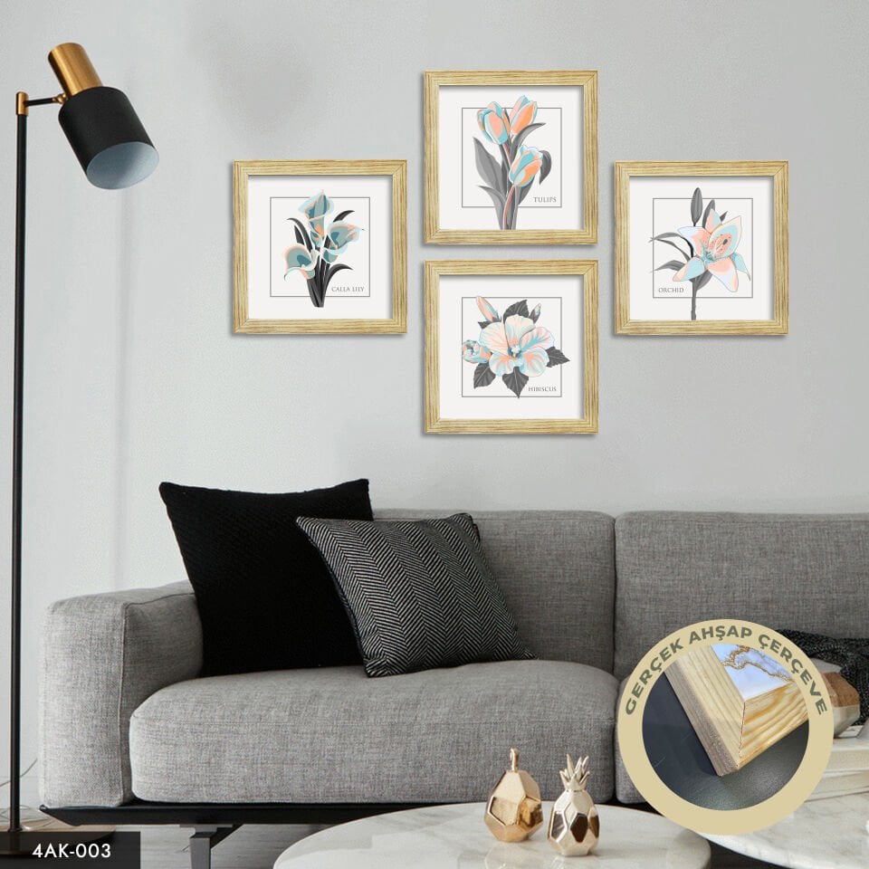 Çiçek Temalı 4 Parçalı Kare Ahşap Çerçeveli Tablo