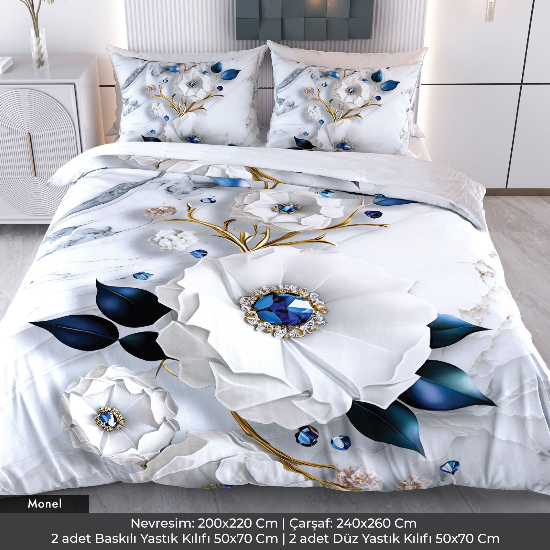 Elmas Çiçek Dijital Baskılı 3D 3 Boyutlu Çift Kişilik Nevresim Takımı Çift Kişilik