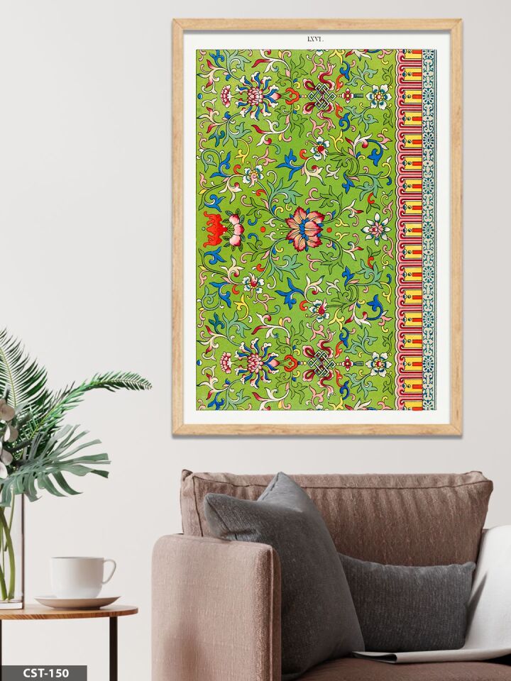 Yeşil Fonlu Çiçekli Desen Tek Parça Ahşap Çerçeveli Tablo Naturel - 20 x 30 CM