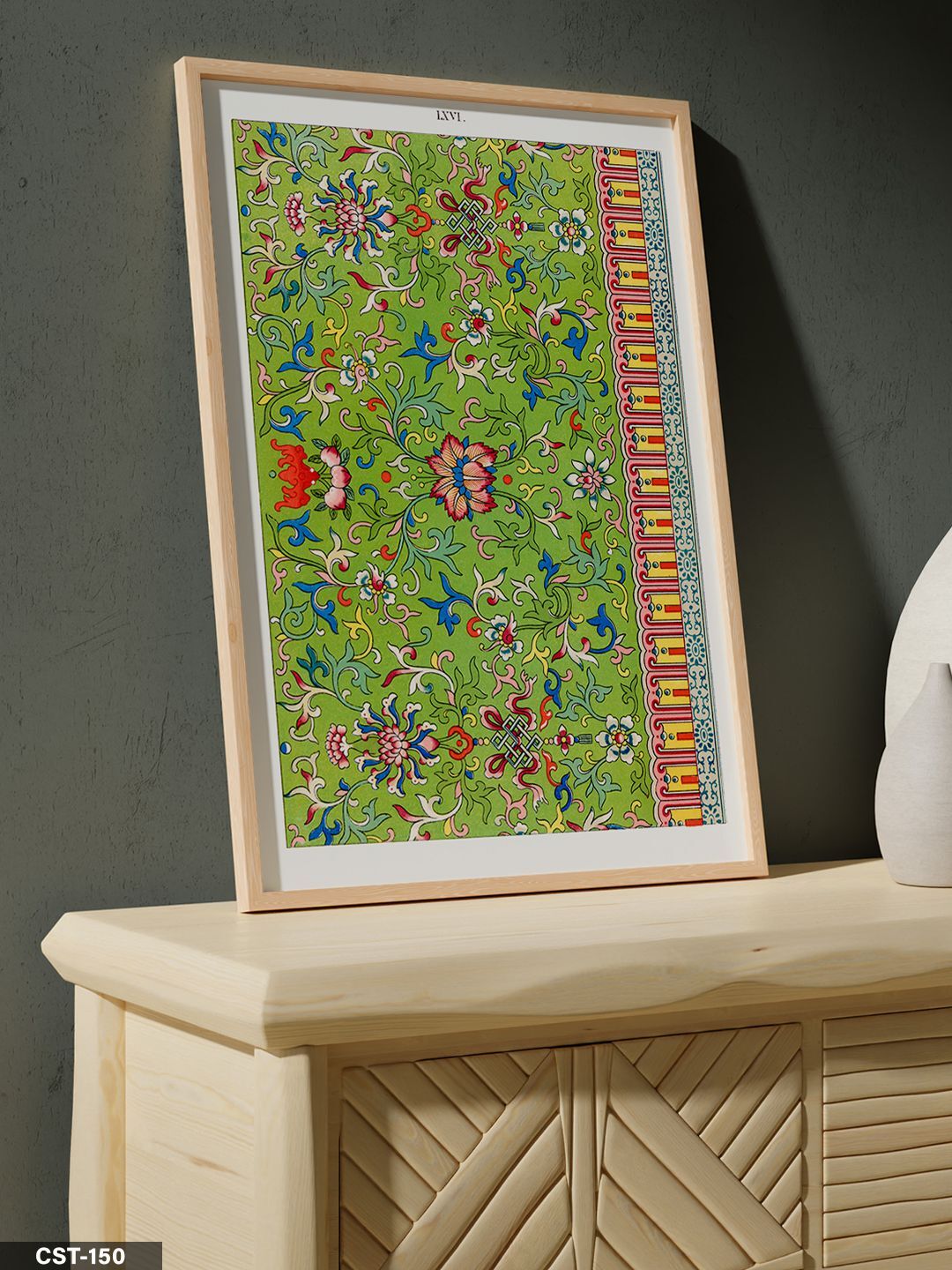 Yeşil Fonlu Çiçekli Desen Tek Parça Ahşap Çerçeveli Tablo Naturel - 20 x 30 CM