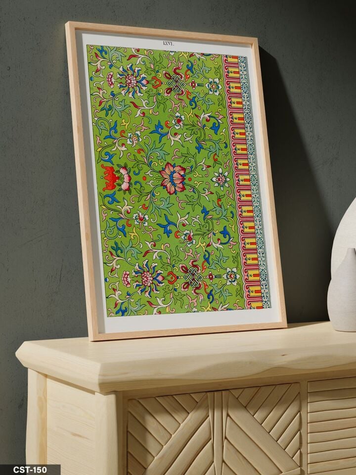 Yeşil Fonlu Çiçekli Desen Tek Parça Ahşap Çerçeveli Tablo Naturel - 20 x 30 CM