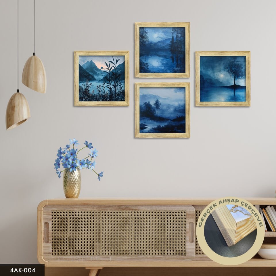 Doğa Manzara Temalı 4 Parçalı Kare Ahşap Çerçeveli Tablo