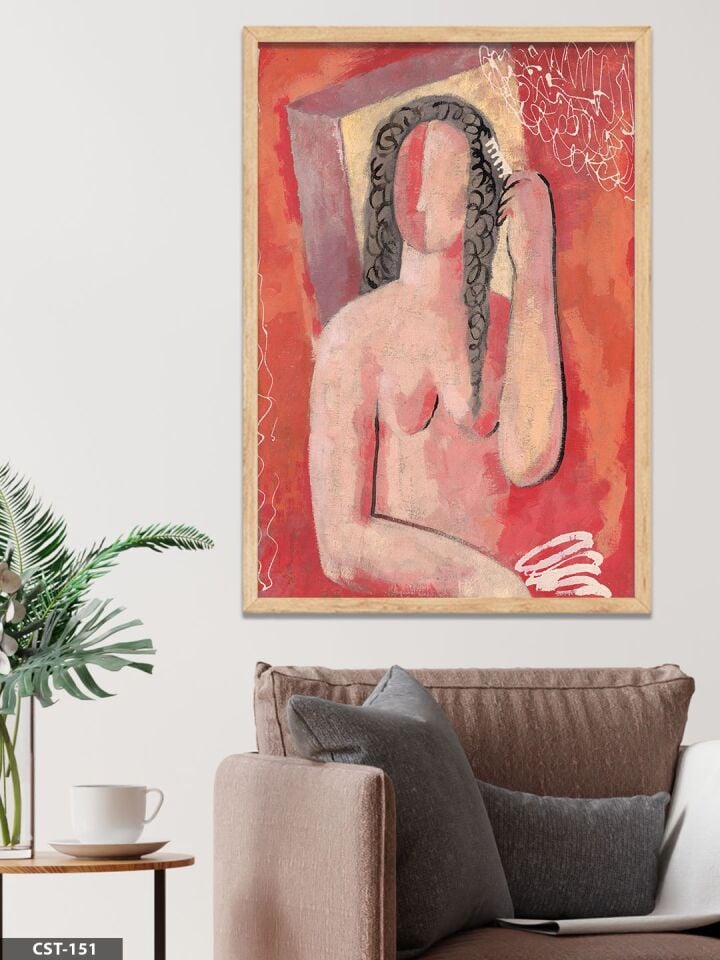 Kırmızı Fonlu Kadın Figür illüstrasyon Tek Parça Ahşap Çerçeveli Tablo Naturel - 20 x 30 CM