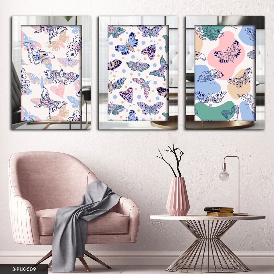 Renkli Kelebekler 3 Parça Pleksi Aynalı Tablo 50 x 70 CM - Gümüş