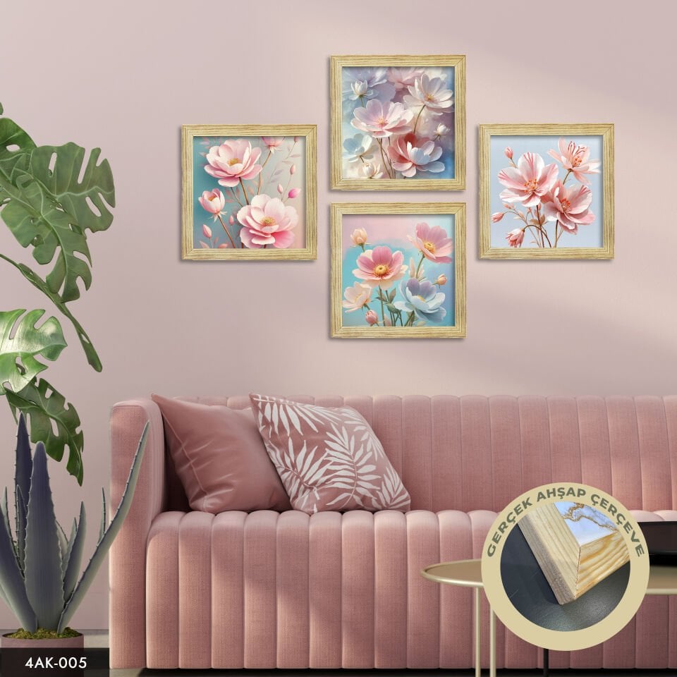 Pembe Çiçekler Temalı 4 Parçalı Kare Ahşap Çerçeveli Tablo