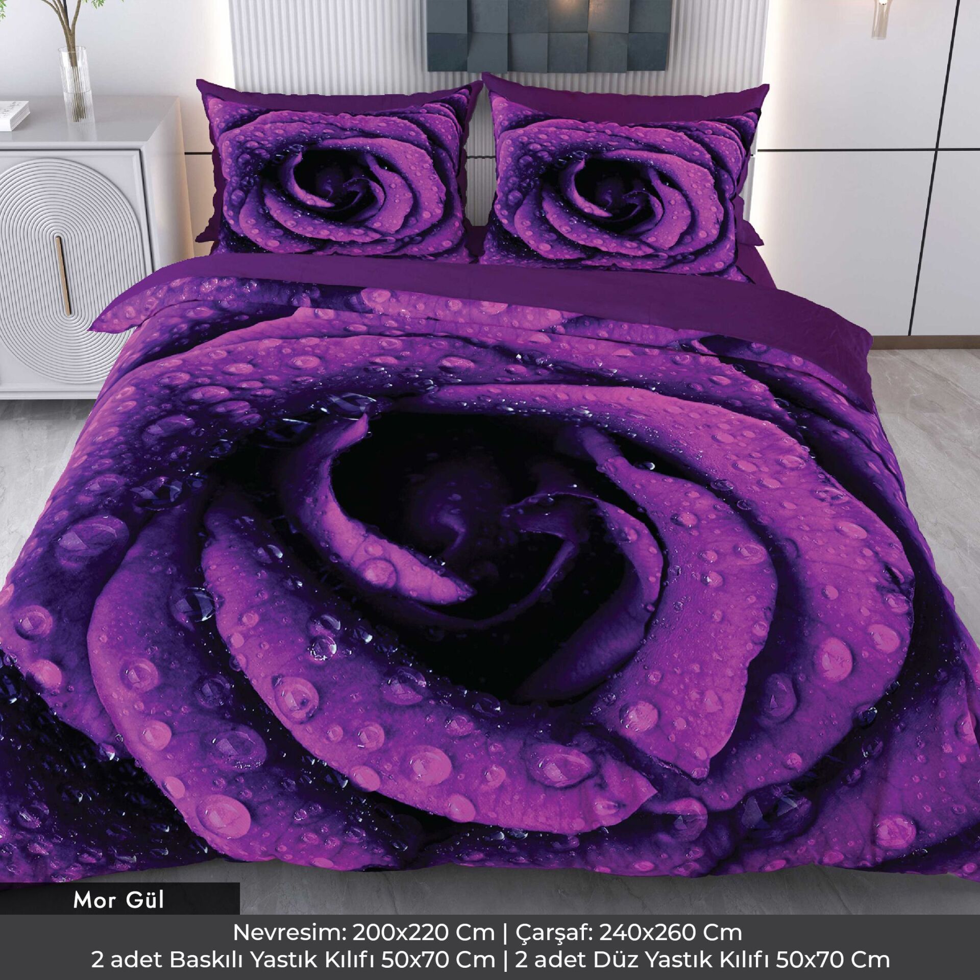 Mor Islak Çiçek Dijital Baskılı 3D 3 Boyutlu Çift Kişilik Nevresim Takımı Çift Kişilik