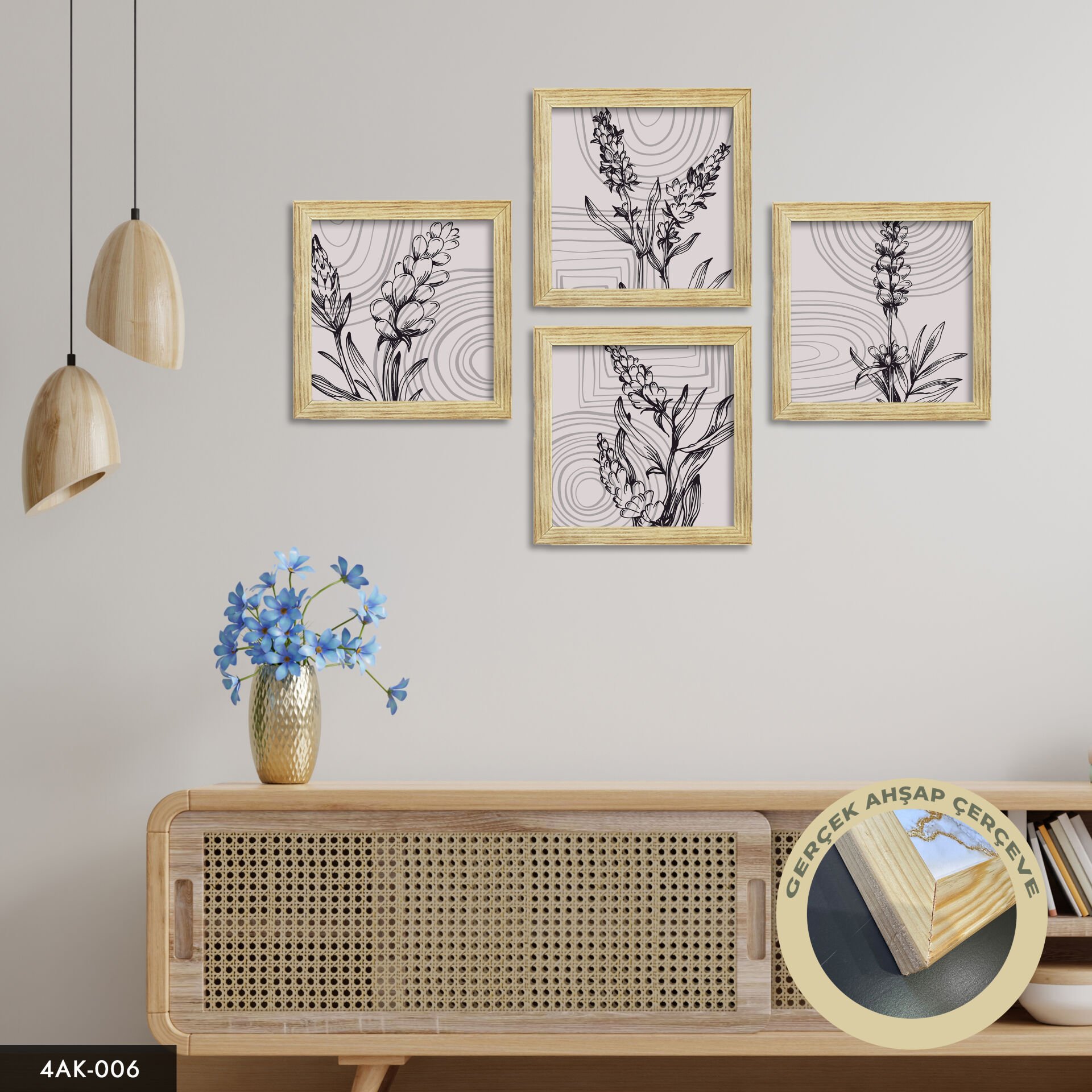 Soyut Çiçekler Temalı 4 Parçalı Kare Ahşap Çerçeveli Tablo