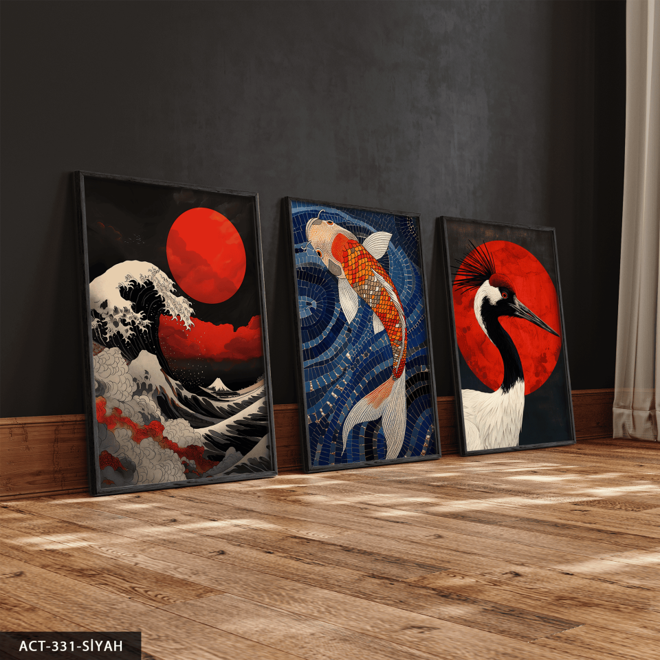 Asya Temalı 3 Parça Ahşap Çerçeveli Tablo ACT Siyah - 50 x 70 CM