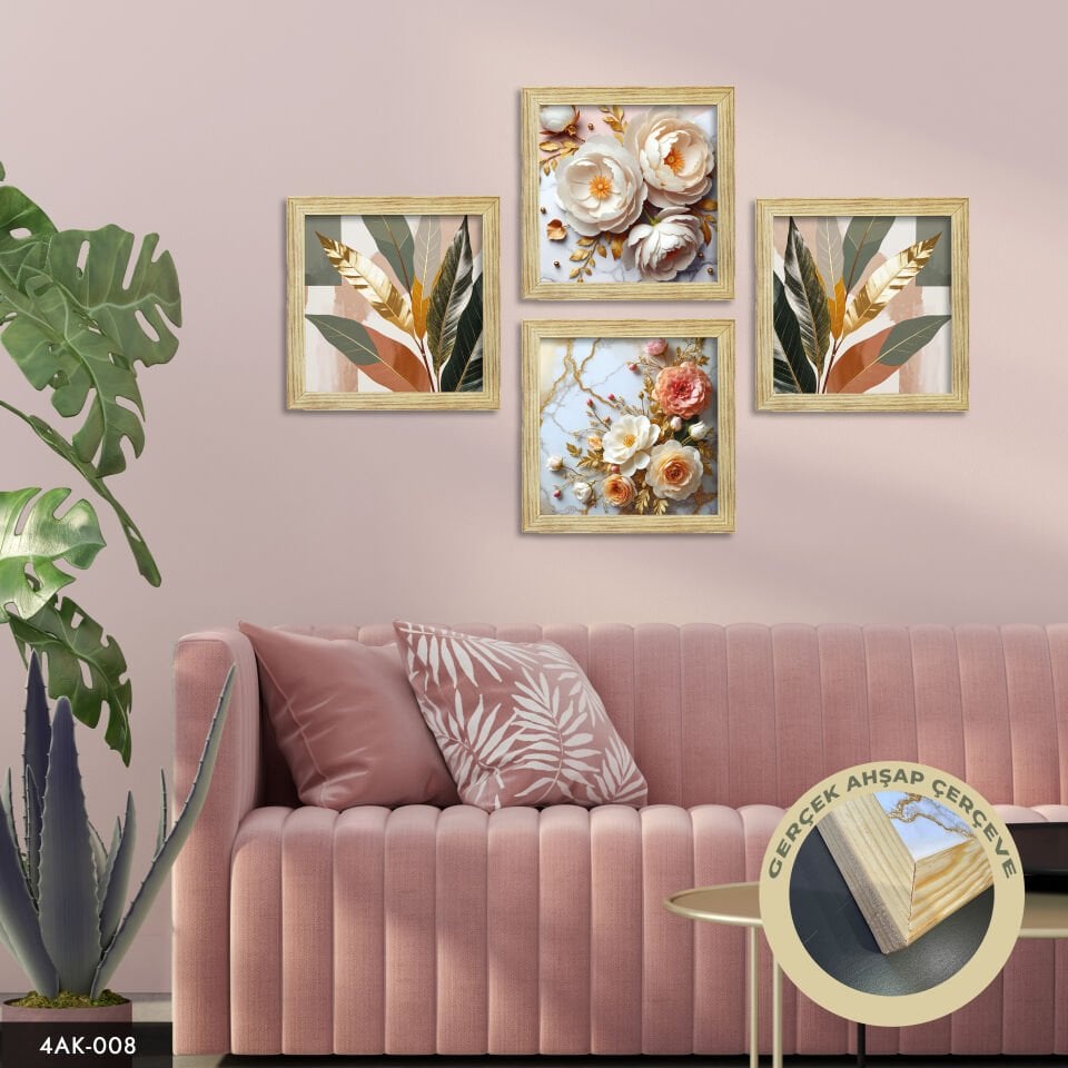Gül ve Yaprak Temalı 4 Parçalı Kare Ahşap Çerçeveli Tablo