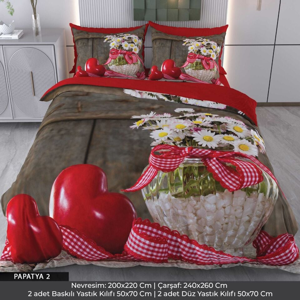 Papatya ve Kalp Dijital Baskılı 3D 3 Boyutlu Çift Kişilik Nevresim Takımı Çift Kişilik