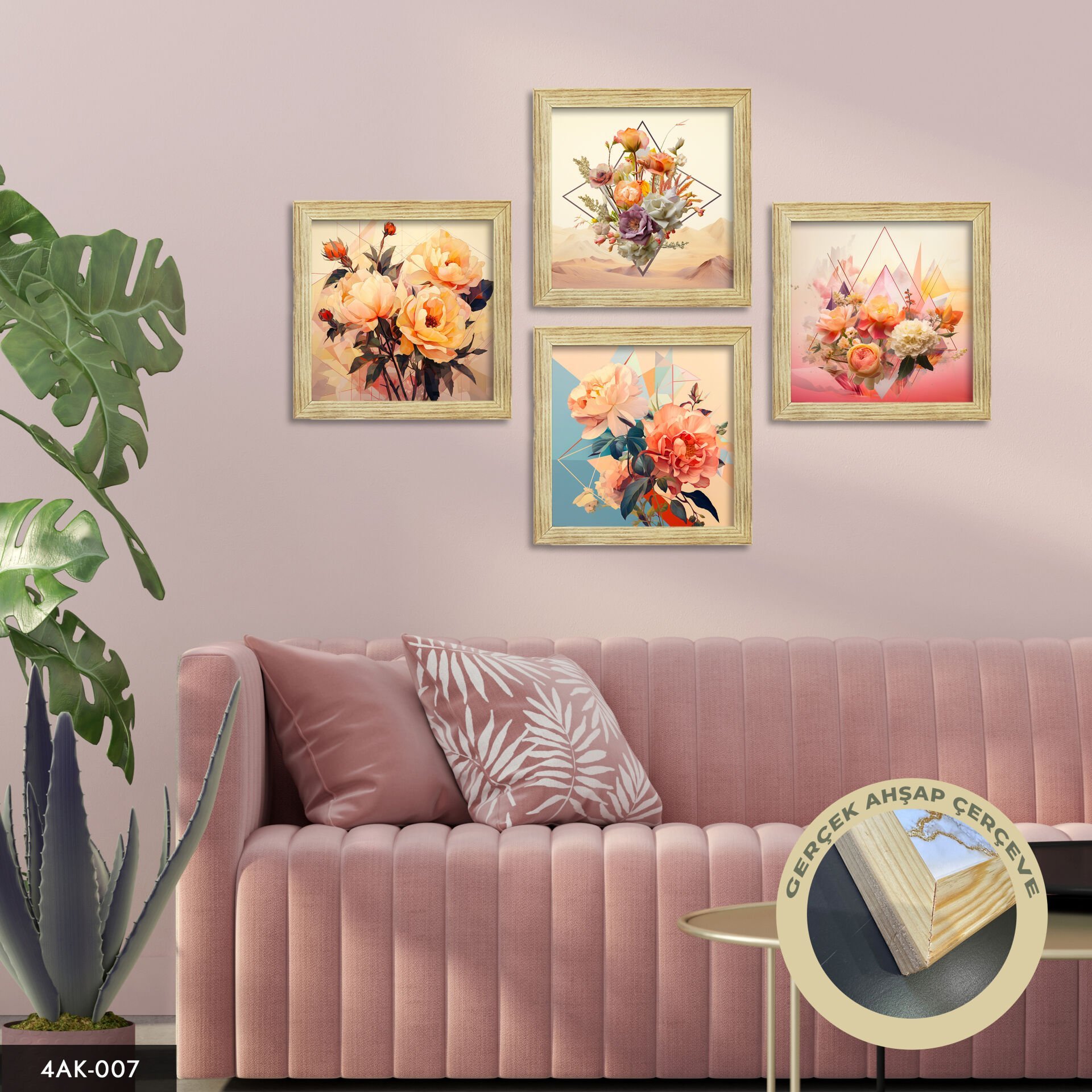 Çiçekler Temalı 4 Parçalı Kare Ahşap Çerçeveli Tablo