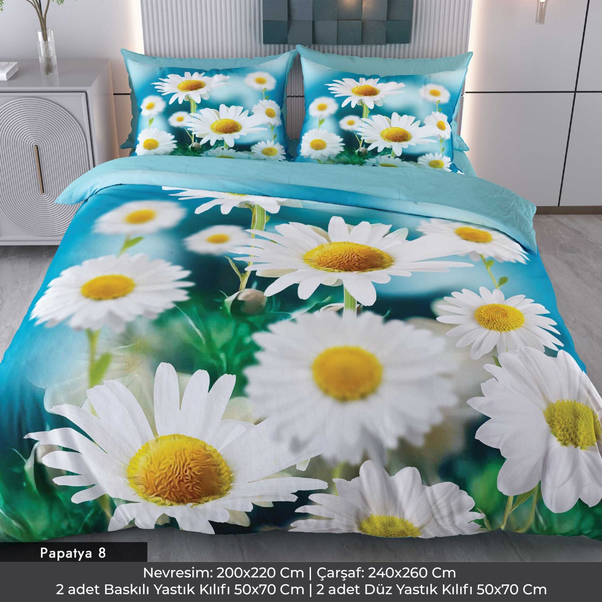 Papatyalar Dijital Baskılı 3D 3 Boyutlu Çift Kişilik Nevresim Takımı Çift Kişilik