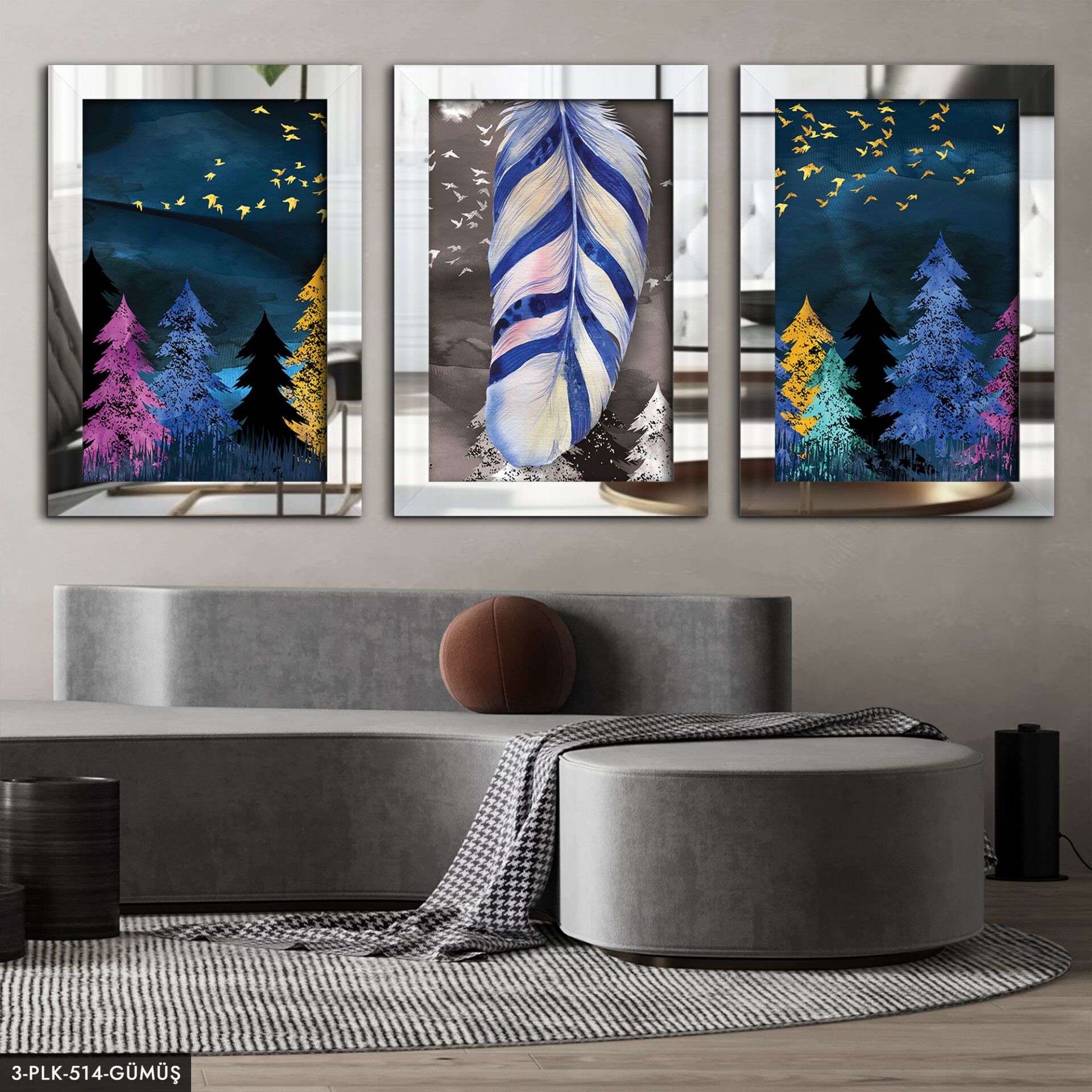 Soyut Doğa 3 Parça Pleksi Aynalı Tablo 50 x 70 CM - Gümüş