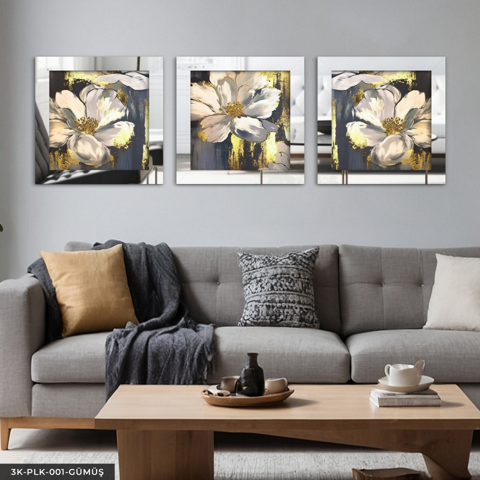 Gold Detaylı Beyaz Çiçek 3 Parça Pleksi Aynalı Çerçeveli Tablo Gümüş - 30 x 30 CM