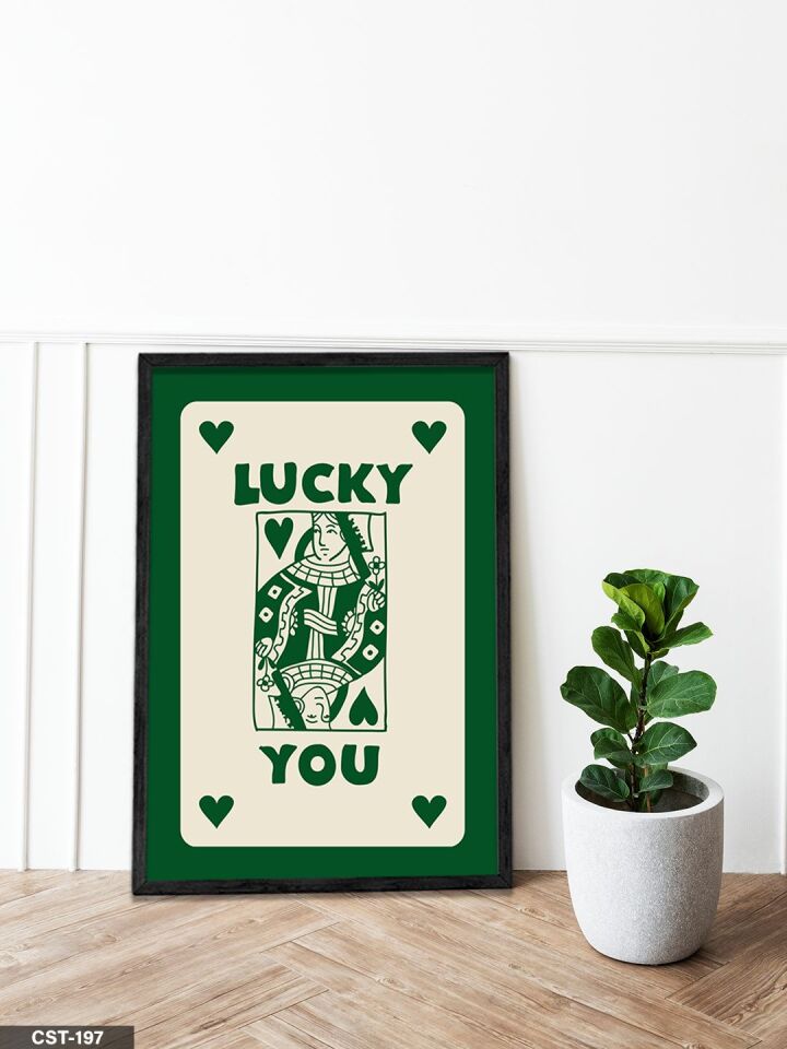 Yeşil ''LUCKY YOU'' kartı Tek Parça Ahşap Çerçeveli Tablo Siyah - 30 x 40 CM