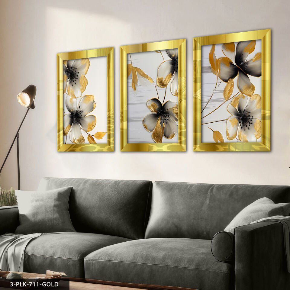 Gold Detaylı Siyah Çiçek 3 Parça Pleksi Aynalı Tablo 30 x 40 CM - Gold