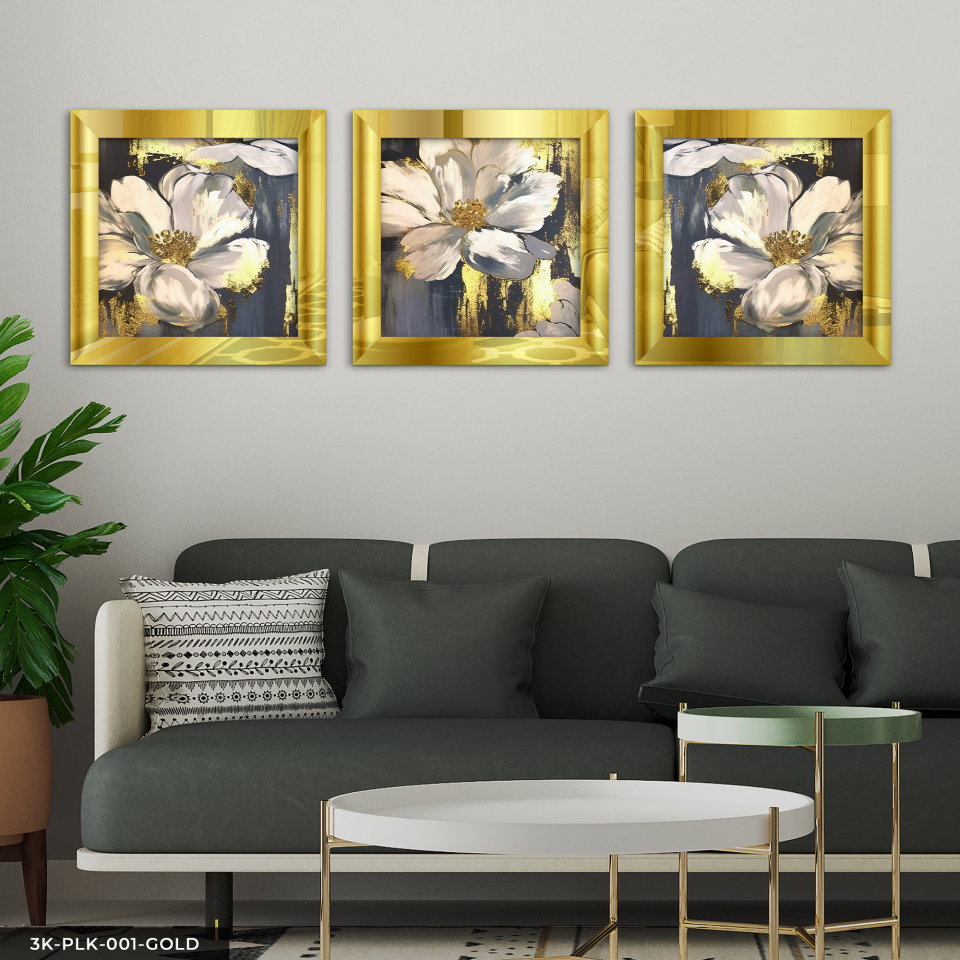 Gold Detaylı Beyaz Çiçek 3 Parça Pleksi Aynalı Çerçeveli Tablo Gold - 30 x 30 CM