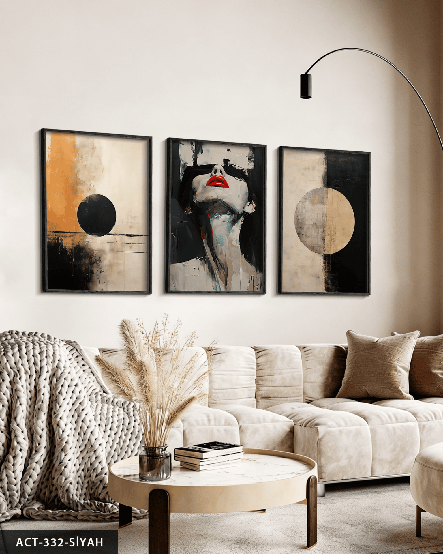 Dairesel Desenler ve Kadın Portresi 3 Parça Ahşap Çerçeveli Tablo ACT Siyah - 30 x 40 CM