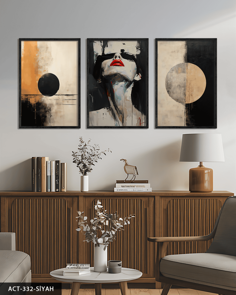 Dairesel Desenler ve Kadın Portresi 3 Parça Ahşap Çerçeveli Tablo ACT Siyah - 30 x 40 CM