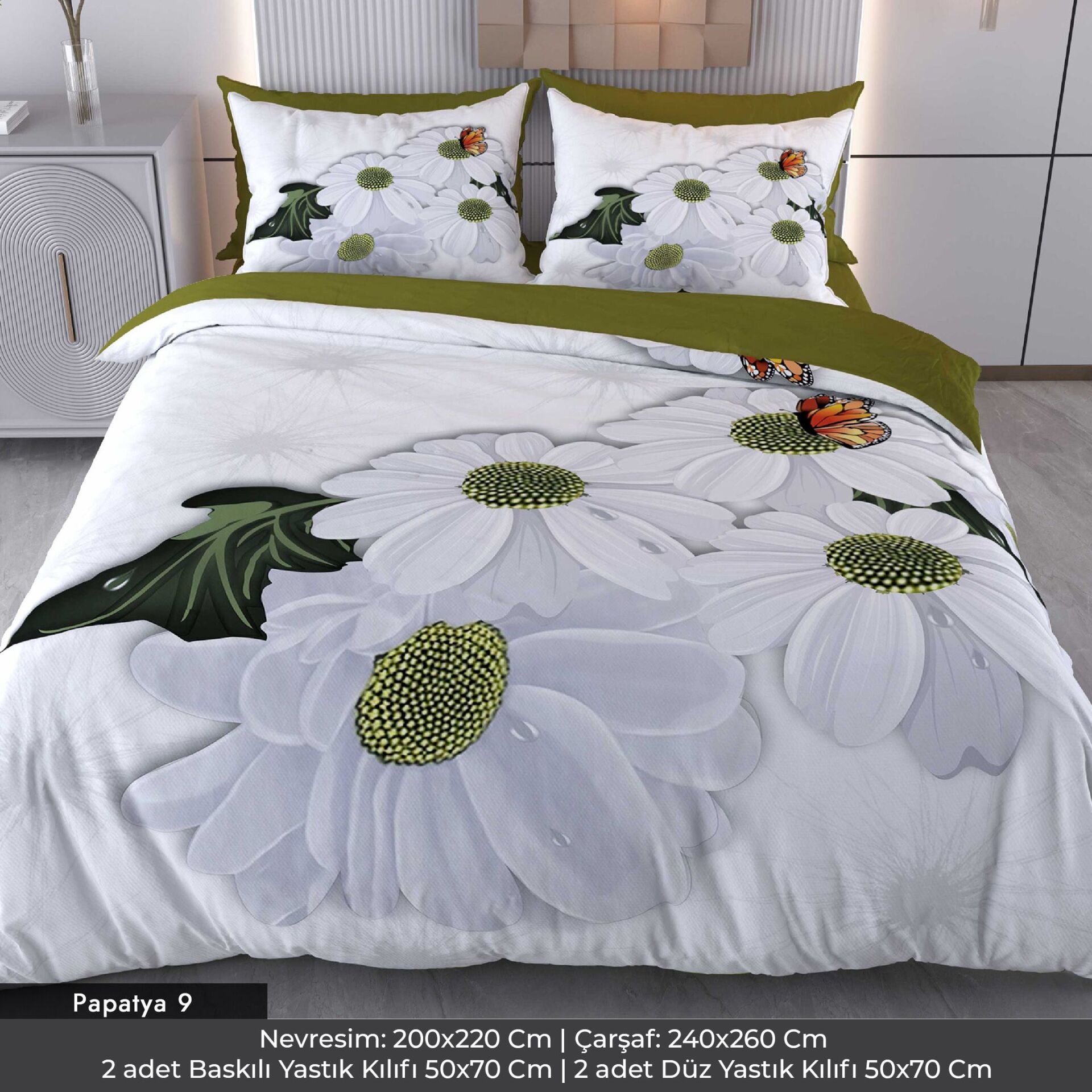 Papatyalar Dijital Baskılı 3D 3 Boyutlu Çift Kişilik Nevresim Takımı Çift Kişilik
