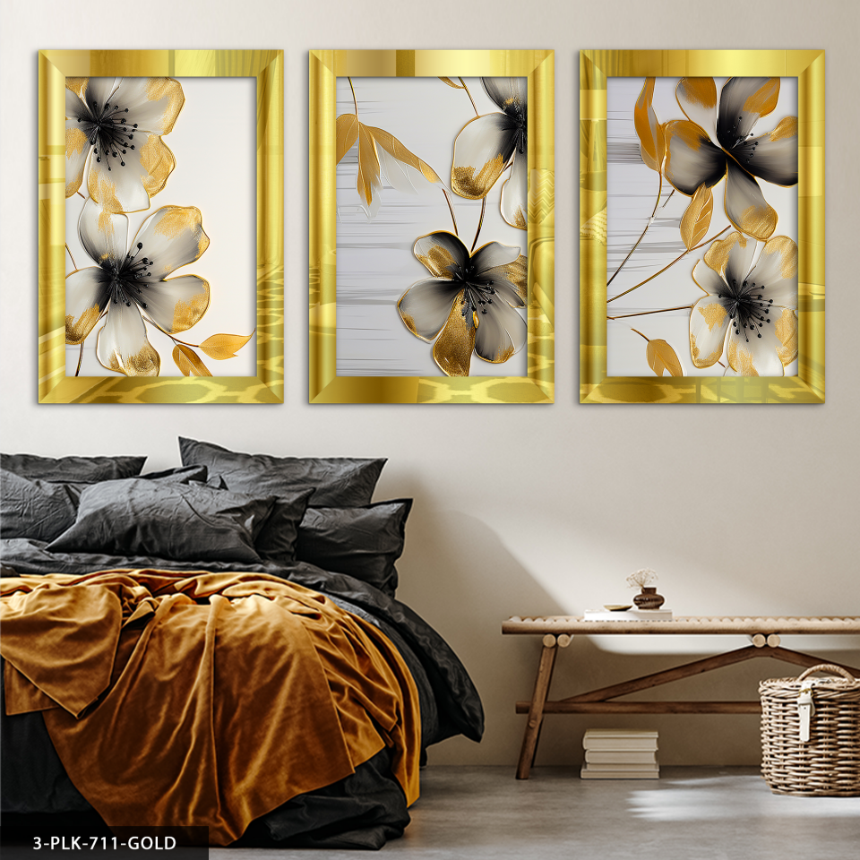Gold Detaylı Siyah Çiçek 3 Parça Pleksi Aynalı Tablo 40 x 60 CM - Gold