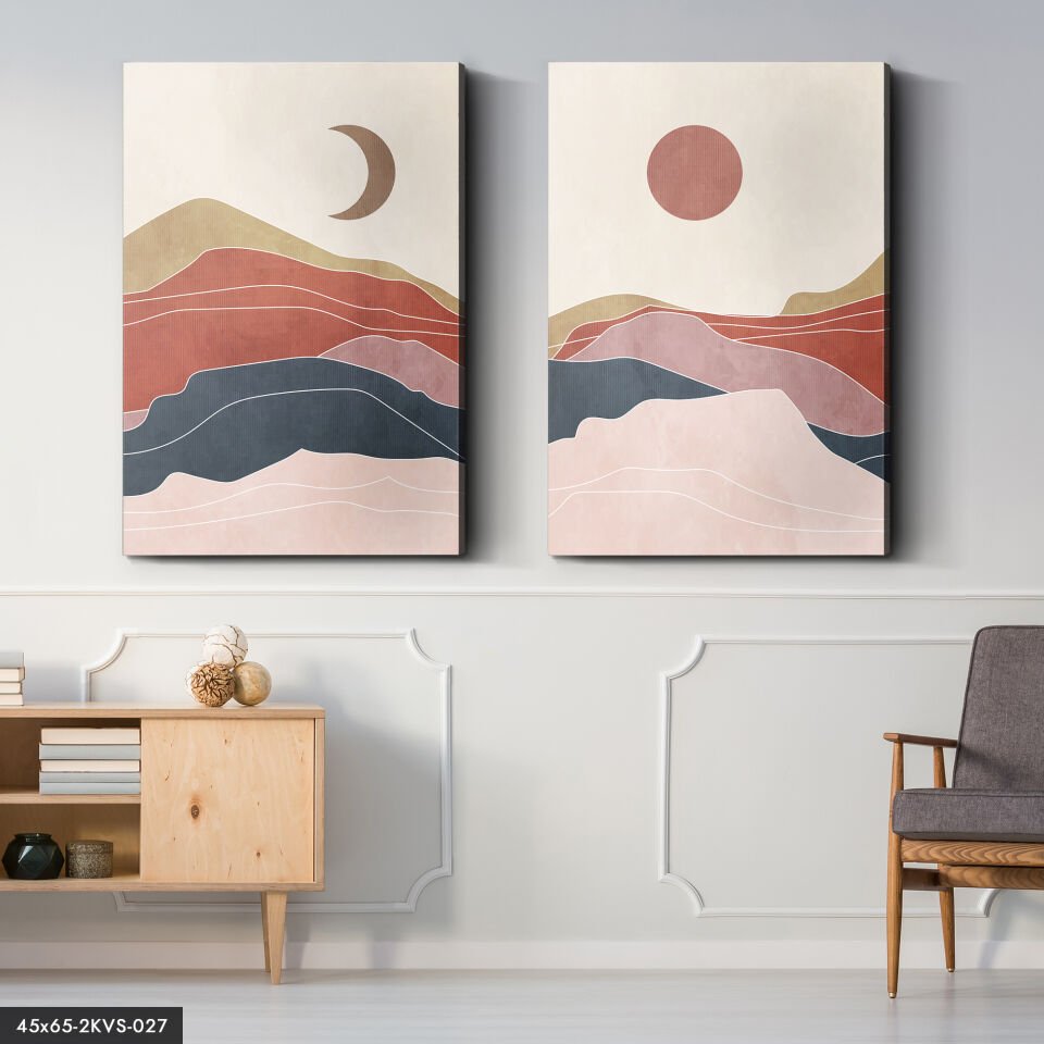 Güneş Ay Soyut Çalışma 2 Parça Kanvas - Canvas Tablo