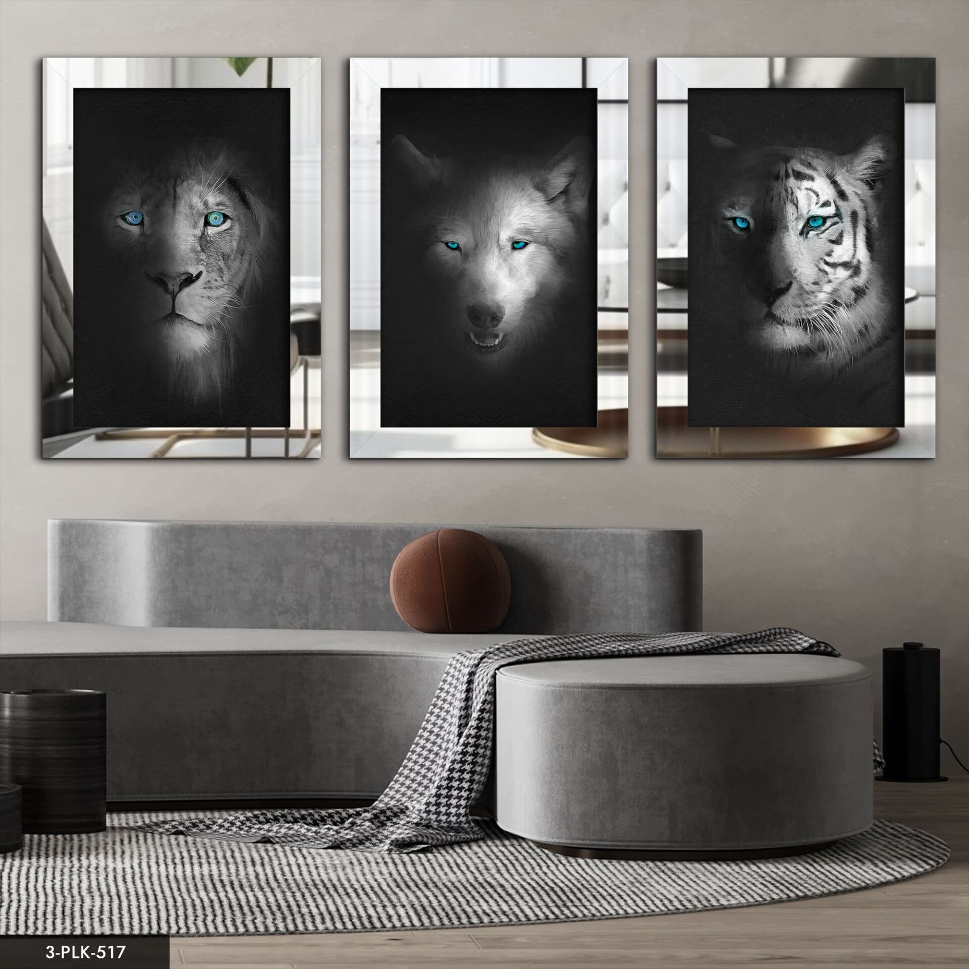 Aslan Kaplan Kurt 3 Parça Pleksi Aynalı Tablo 50 x 70 CM - Gümüş