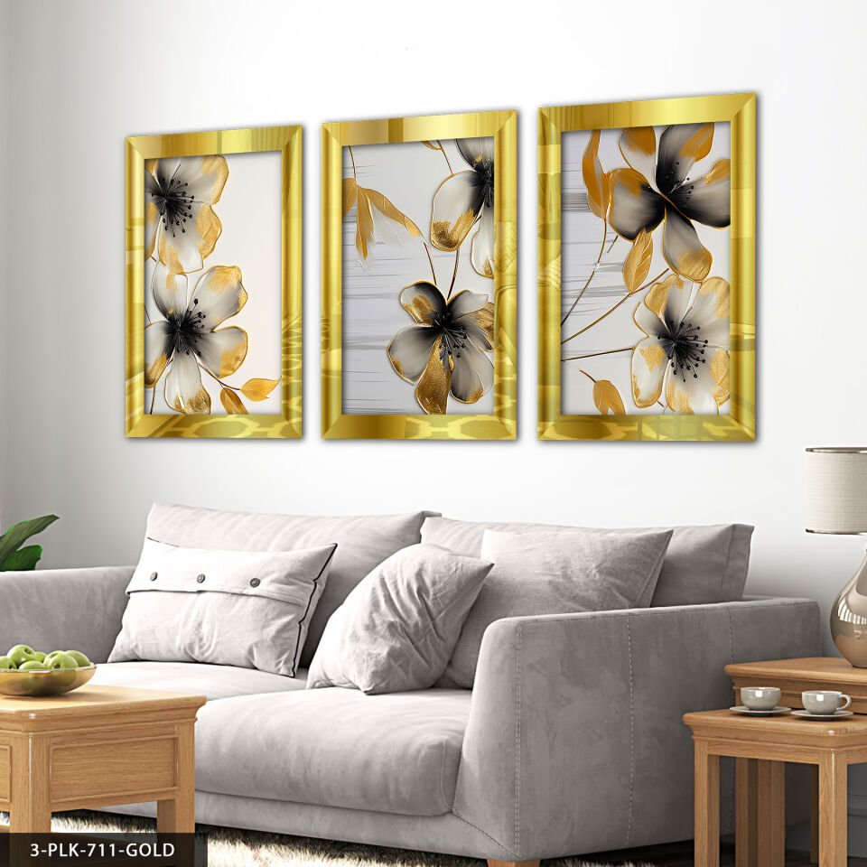 Gold Detaylı Siyah Çiçek 3 Parça Pleksi Aynalı Tablo 50 x 70 CM - Gold