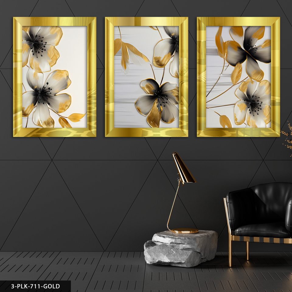 Gold Detaylı Siyah Çiçek 3 Parça Pleksi Aynalı Tablo 50 x 70 CM - Gold