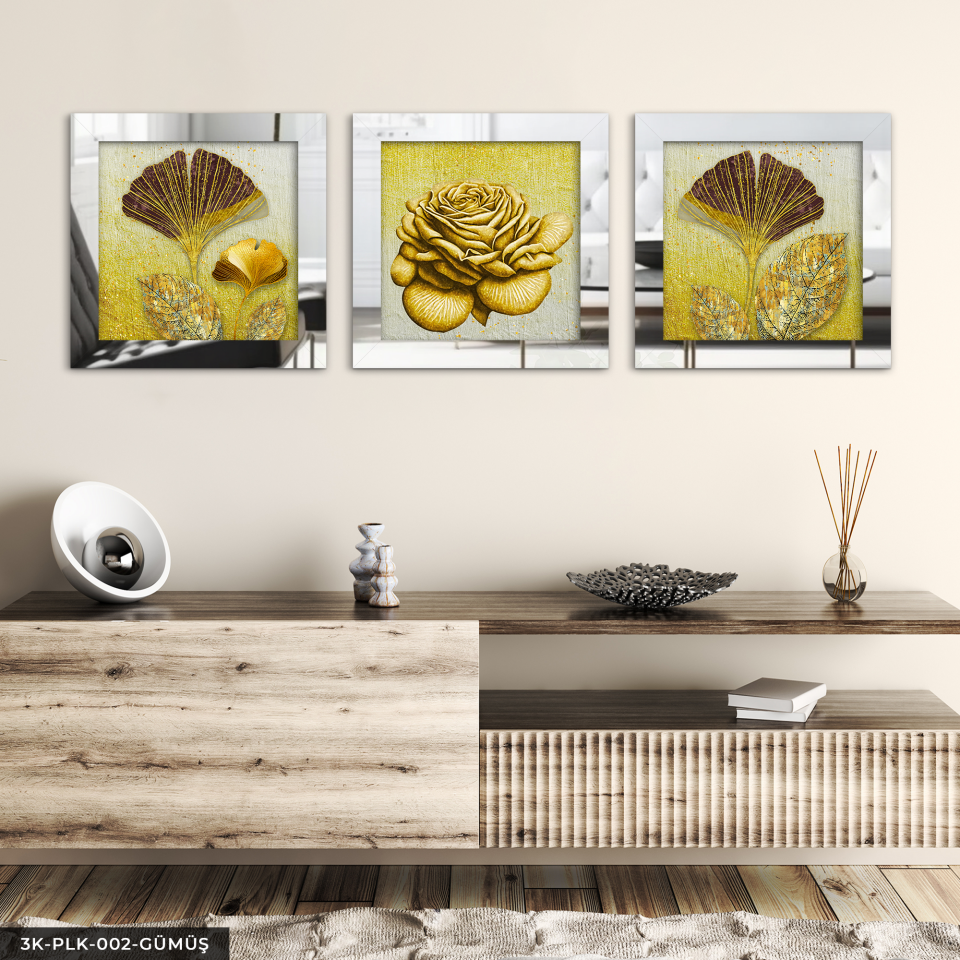 Gold Gül ve Yaprak 3 Parça Pleksi Aynalı Çerçeveli Tablo Gümüş - 30 x 30 CM